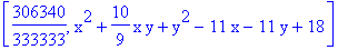 [306340/333333, x^2+10/9*x*y+y^2-11*x-11*y+18]